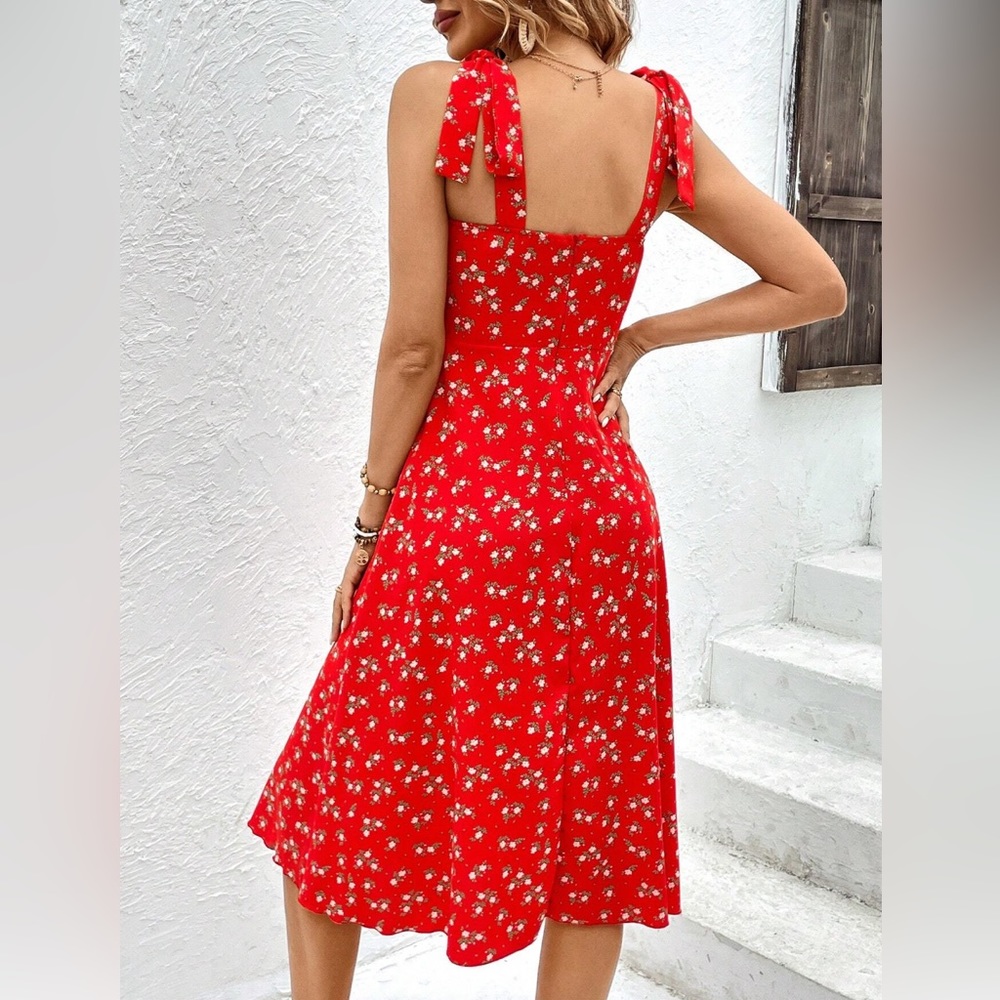 Red Ditsy Floral Print Ruched Bust Split Thigh Cami Dress - Picture 2 of 9